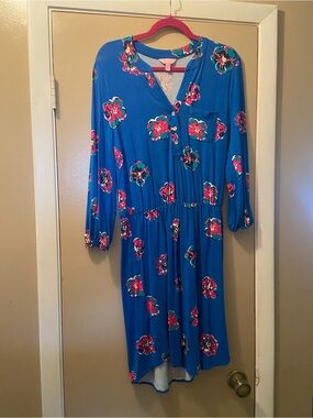 Lilly Pulitzer Blue Floral Gold Button-Front Beckett Dress!  Medium!  EUC!